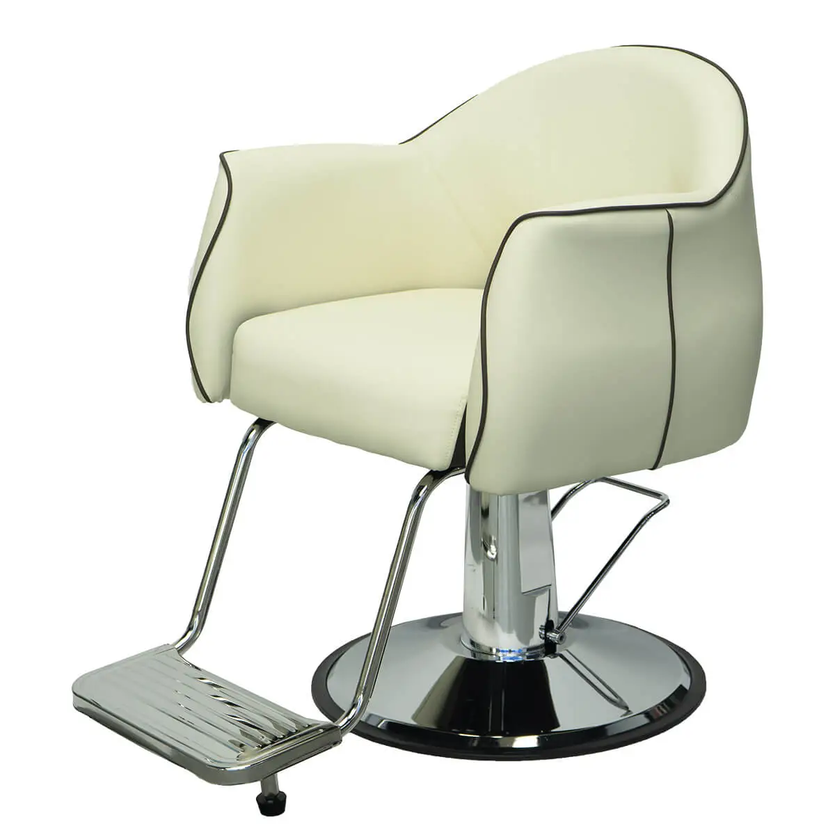 Front three-quarter view of a cream and brown piped hydraulic salon chair designed for upscale barbershops and hair salons