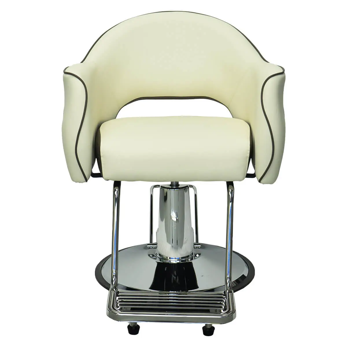 Front view of a cream hydraulic salon styling chair with dark brown piping and chrome round base, showing ergonomic lumbar cutout design.