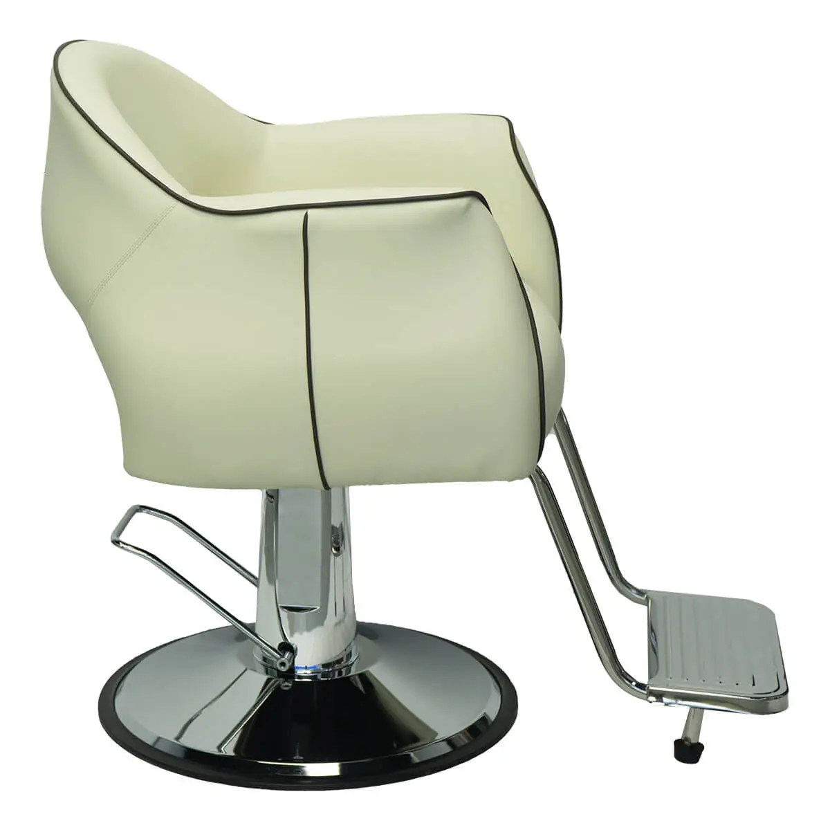 Right side angle of an ivory styling chair showcasing the curved backrest and commercial-grade chrome base