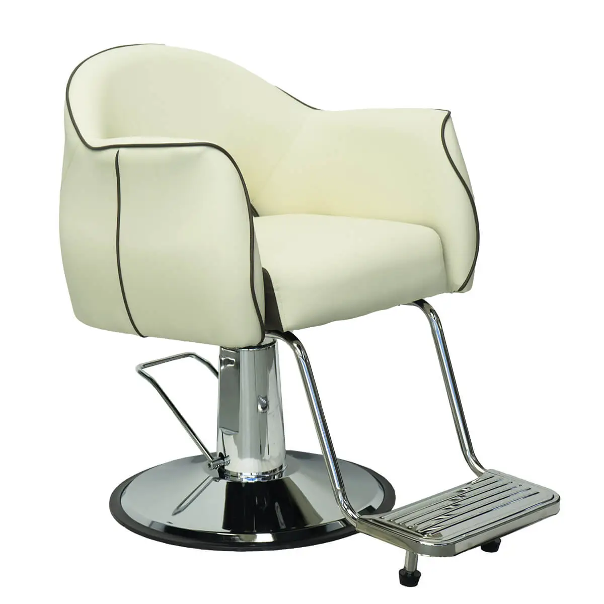 Left side profile of a modern cream salon chair with padded armrests, chrome hydraulic pump, and integrated footrest