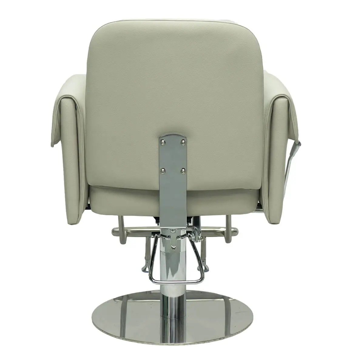 Back view of a beige barber chair showing smooth PU leather upholstery, chrome mounting plate with screws, and stable round base