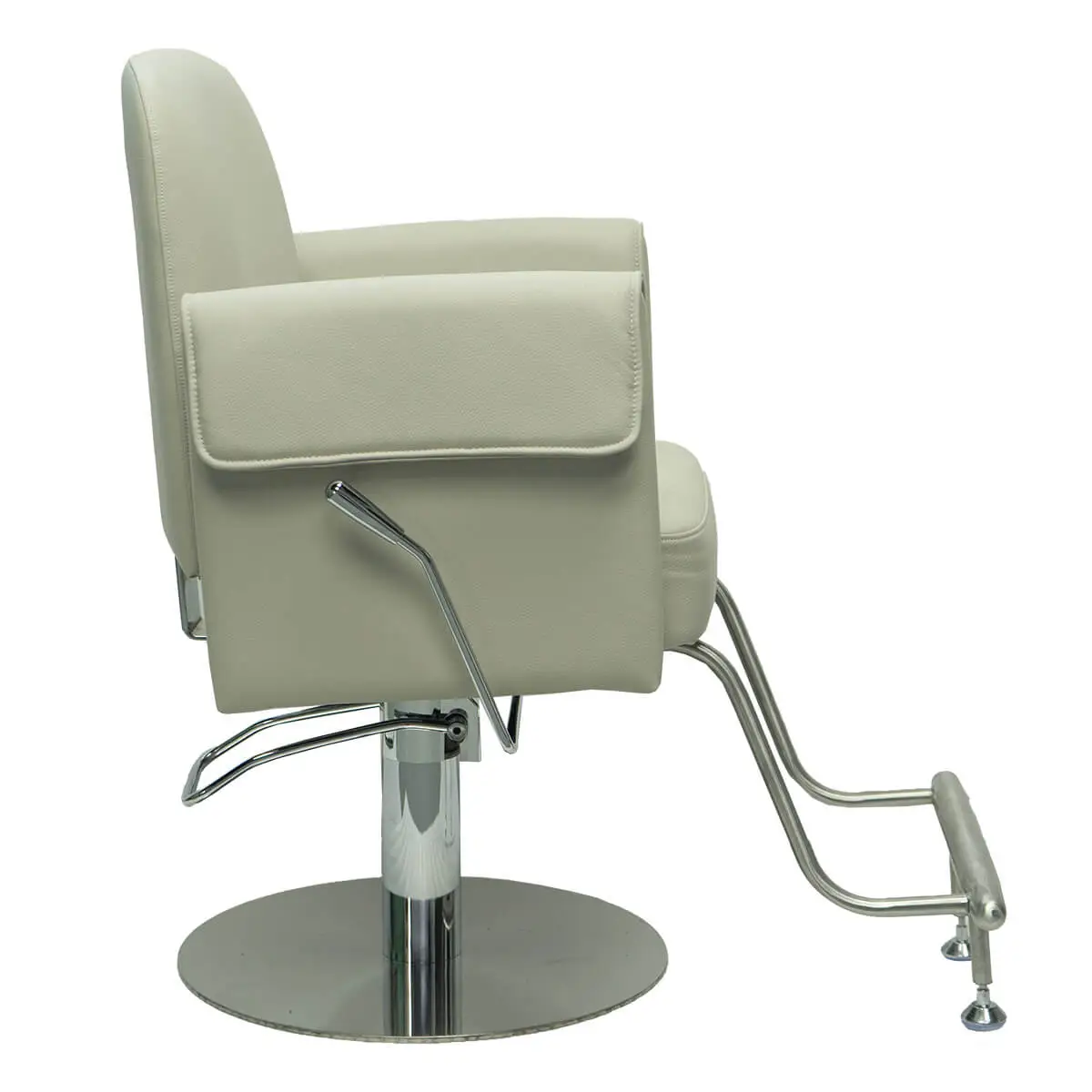 Reclining barber chair with backrest tilted backward, demonstrating 135-degree recline for shampoo and shave services