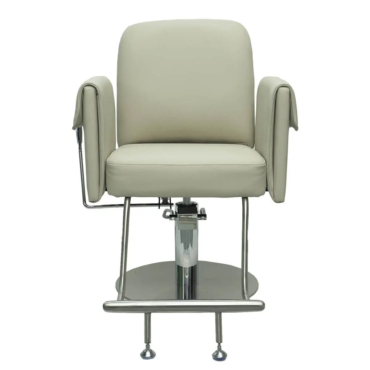 Front view of a modern hydraulic barber chair in beige PU leather with chrome round base, padded armrests, and adjustable footrest